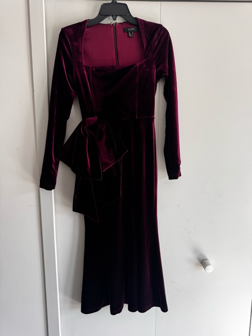 Club L London Wine Velvet Long-Sleeve Midi Dress with Side Bow